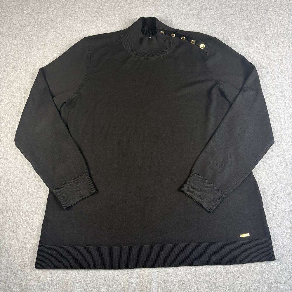 Black Calvin Klein Mock Neck Sweater M Shoulder Gold Buttons